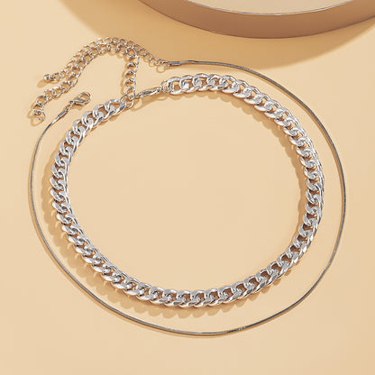Silver-Plated Curb Chain Choker Necklace & Mini Herringbone Chain