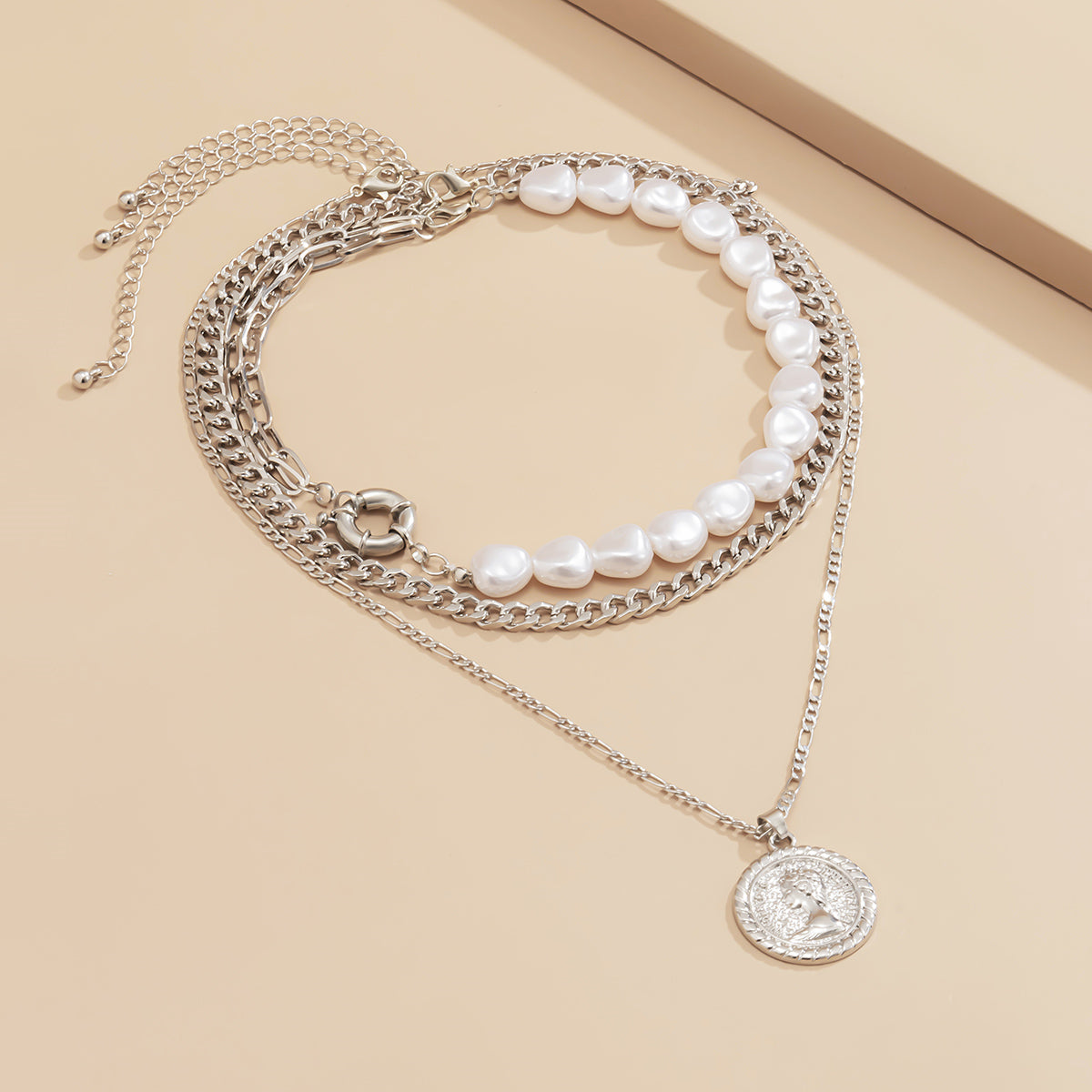Pearl & Silver-Plated Coin Pendant Necklace Set