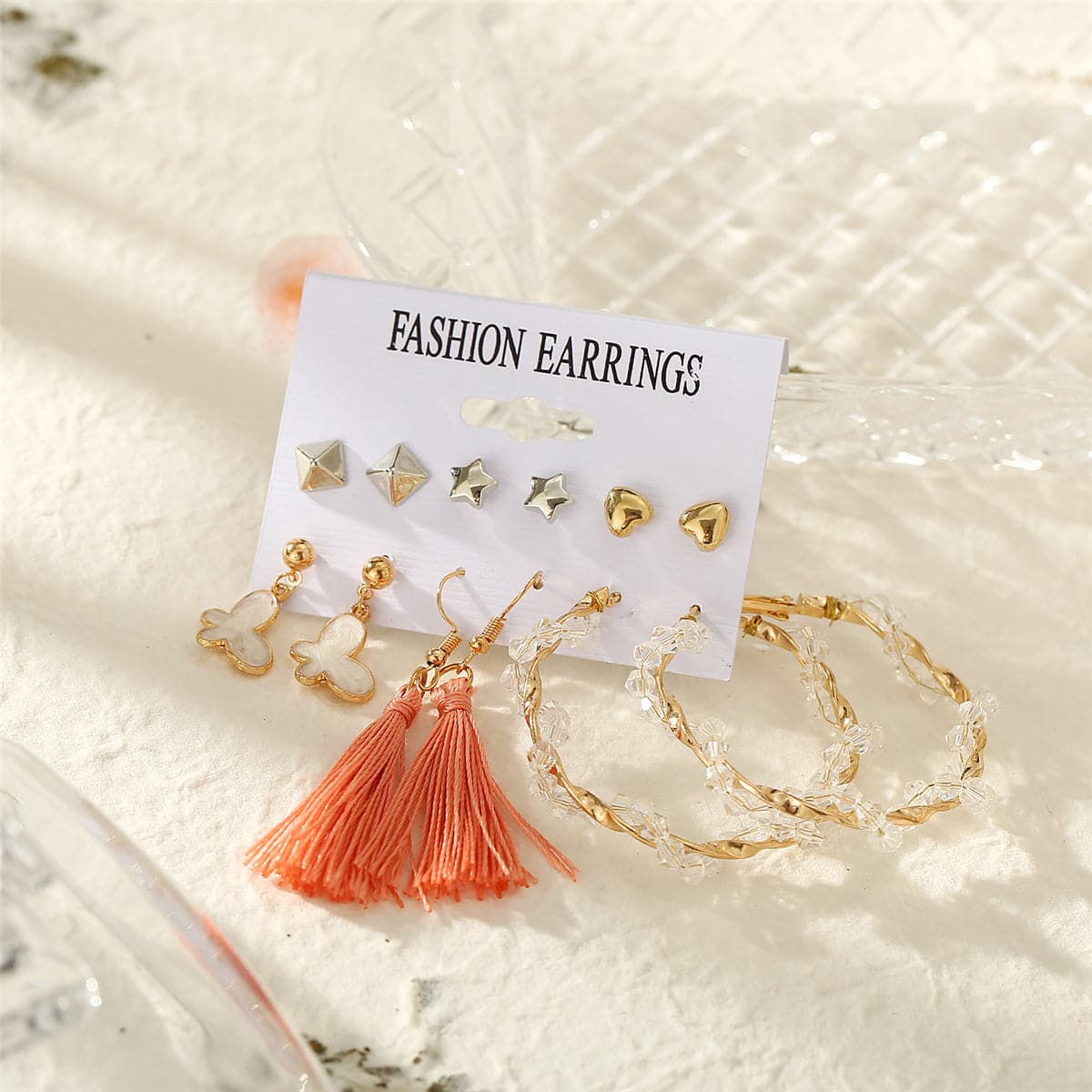 Coral Polyster and Acrylic 18K Gold-Plated Heart Butterfly Drop Earring Set, gold stud earrings for women, side view