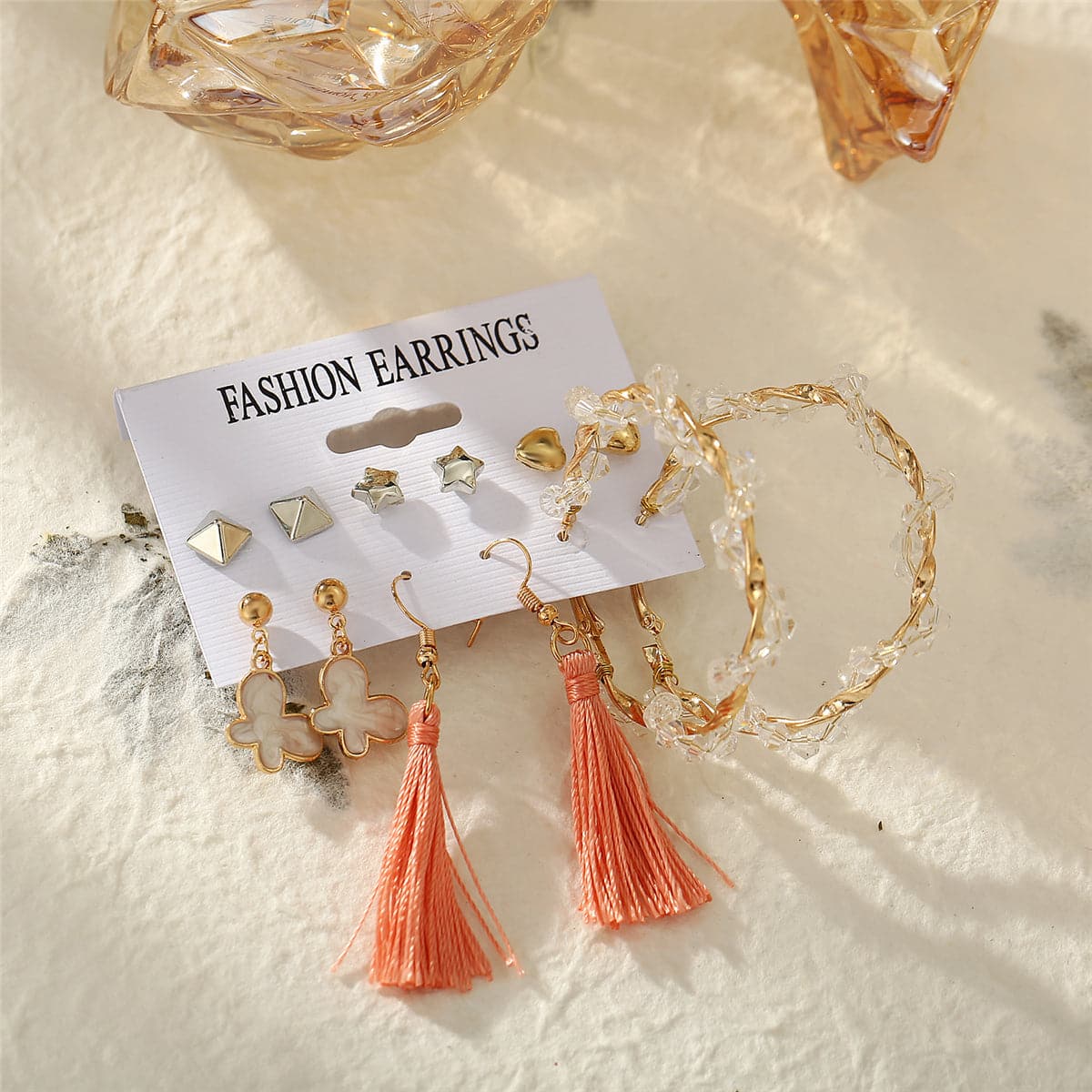 Coral Polyster and Acrylic 18K Gold-Plated Heart Butterfly Drop Earring Set, gold stud earrings for women, detail close-up