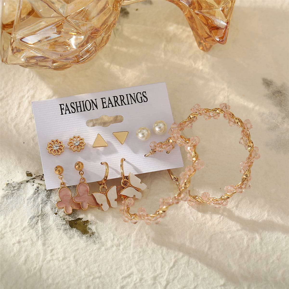 Pearl and Enamel 18K Gold-Plated Flower Butterfly Earring Set, gold stud earrings for women, everyday style, detail close-up