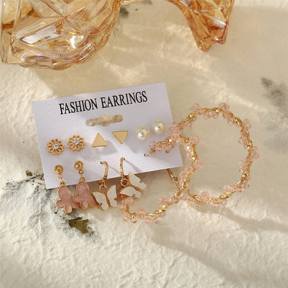Pearl and Enamel 18K Gold-Plated Flower Butterfly Earring Set, gold stud earrings for women, everyday style, detail close-up