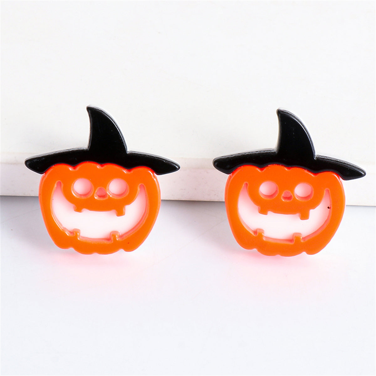 Orange Acrylic and Silver-Plated Pumpkin Witch Stud Earrings, silver stud earrings for women, everyday style, lifestyle look