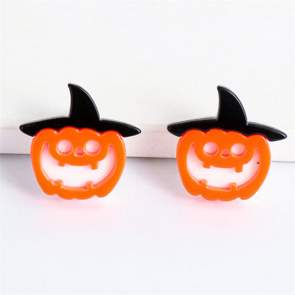 Orange Acrylic and Silver-Plated Pumpkin Witch Stud Earrings, silver stud earrings for women, everyday style, lifestyle look