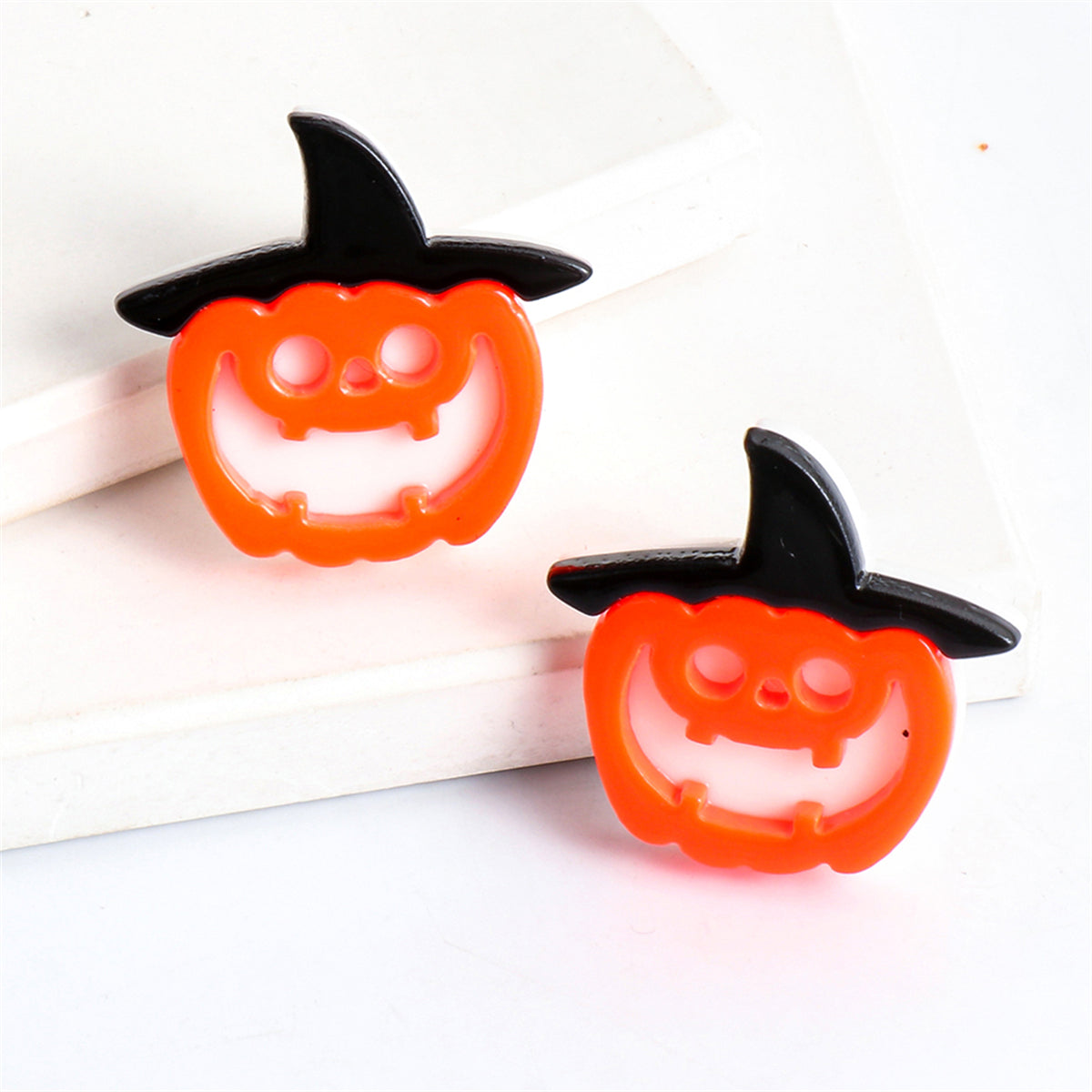Orange Acrylic and Silver-Plated Pumpkin Witch Stud Earrings, silver stud earrings for women, everyday style, styled look