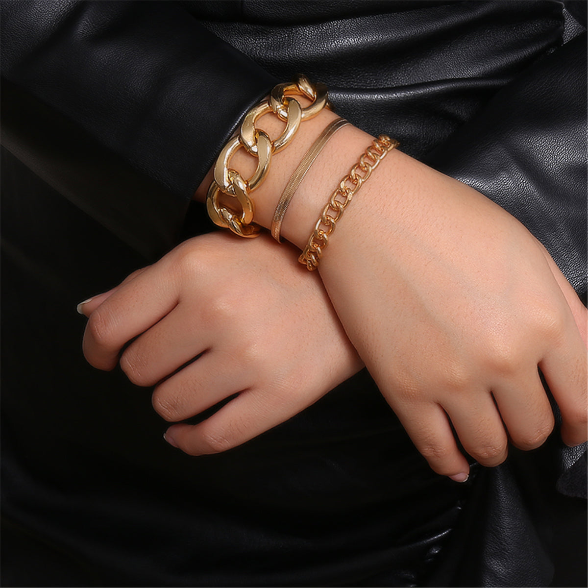 18K Gold-Plated Snake Chain Bracelet Set, jewelry gift sets for women, vintage-inspired design, front view