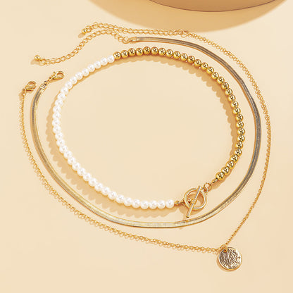 Pearl and 18K Gold-Plated Toggle Necklace Set, jewelry gift sets for women, dainty minimalist design, styled look