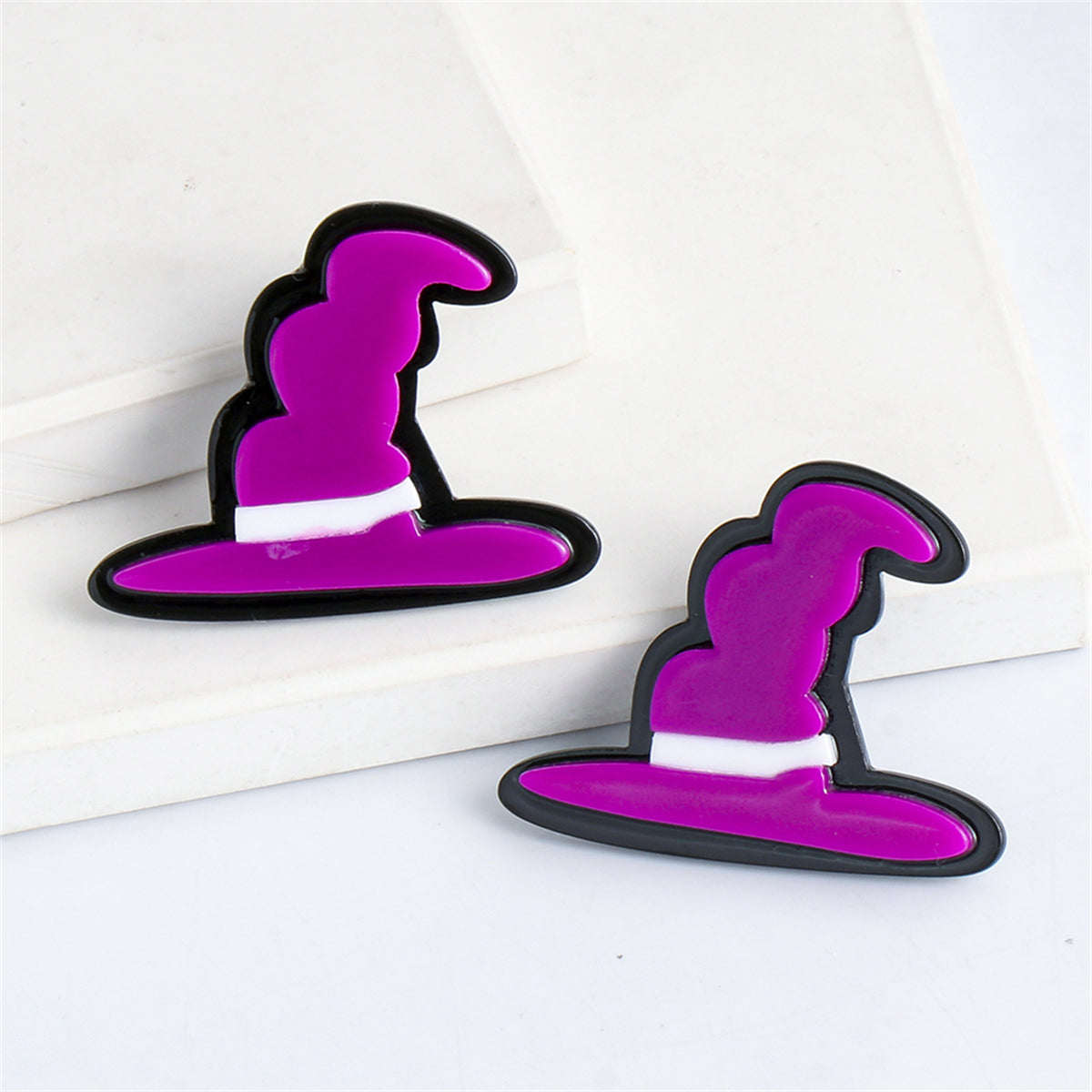 Purple Acrylic and Silver-Plated Witch Hat Drop Earrings, silver drop earrings for women, elegant gift for her, styled look