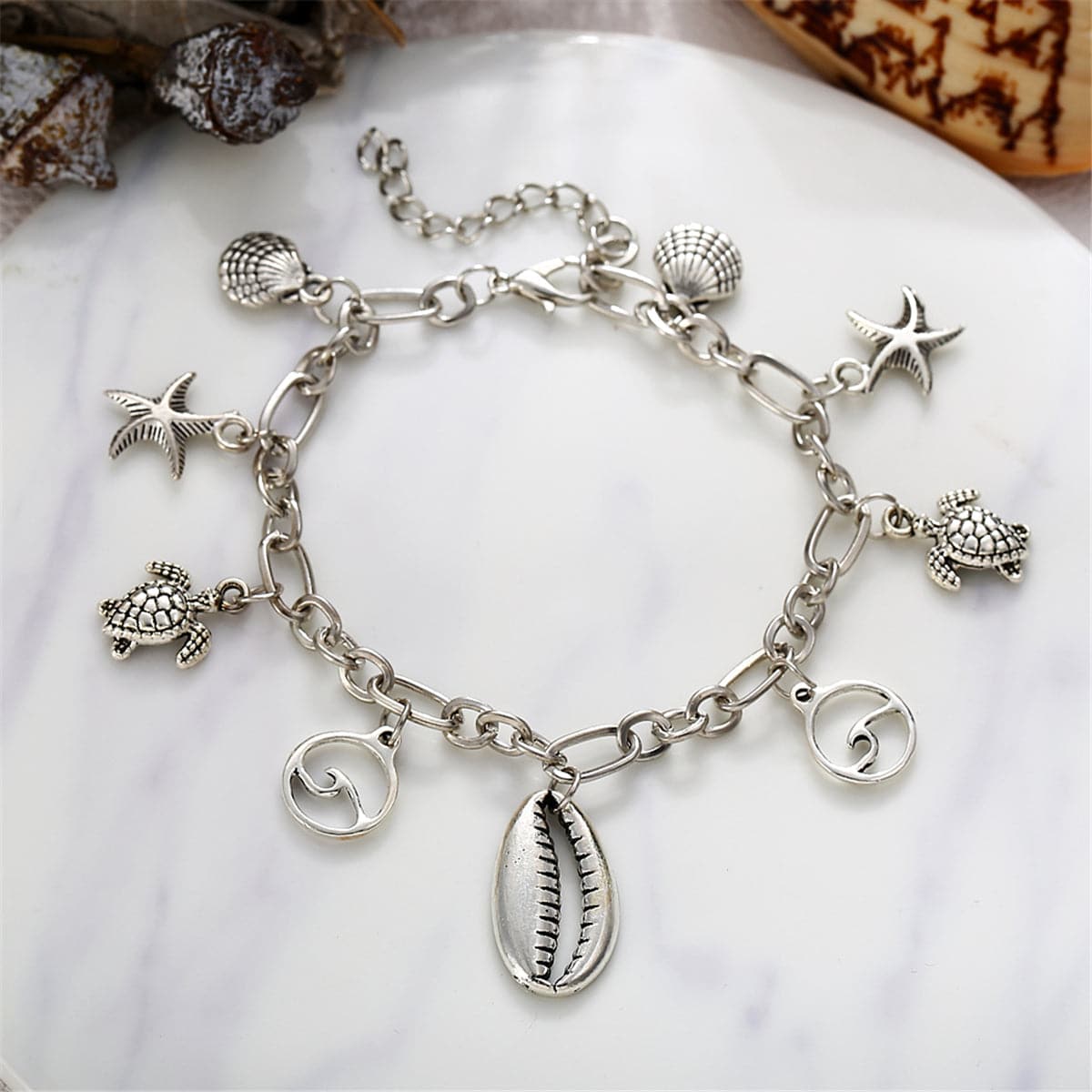 Silver-Plated Seashell & Starfish Station Anklet