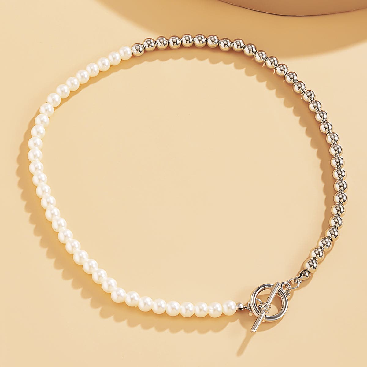 Pearl & Silver-Plated Half Bead Chain Toggle Necklace