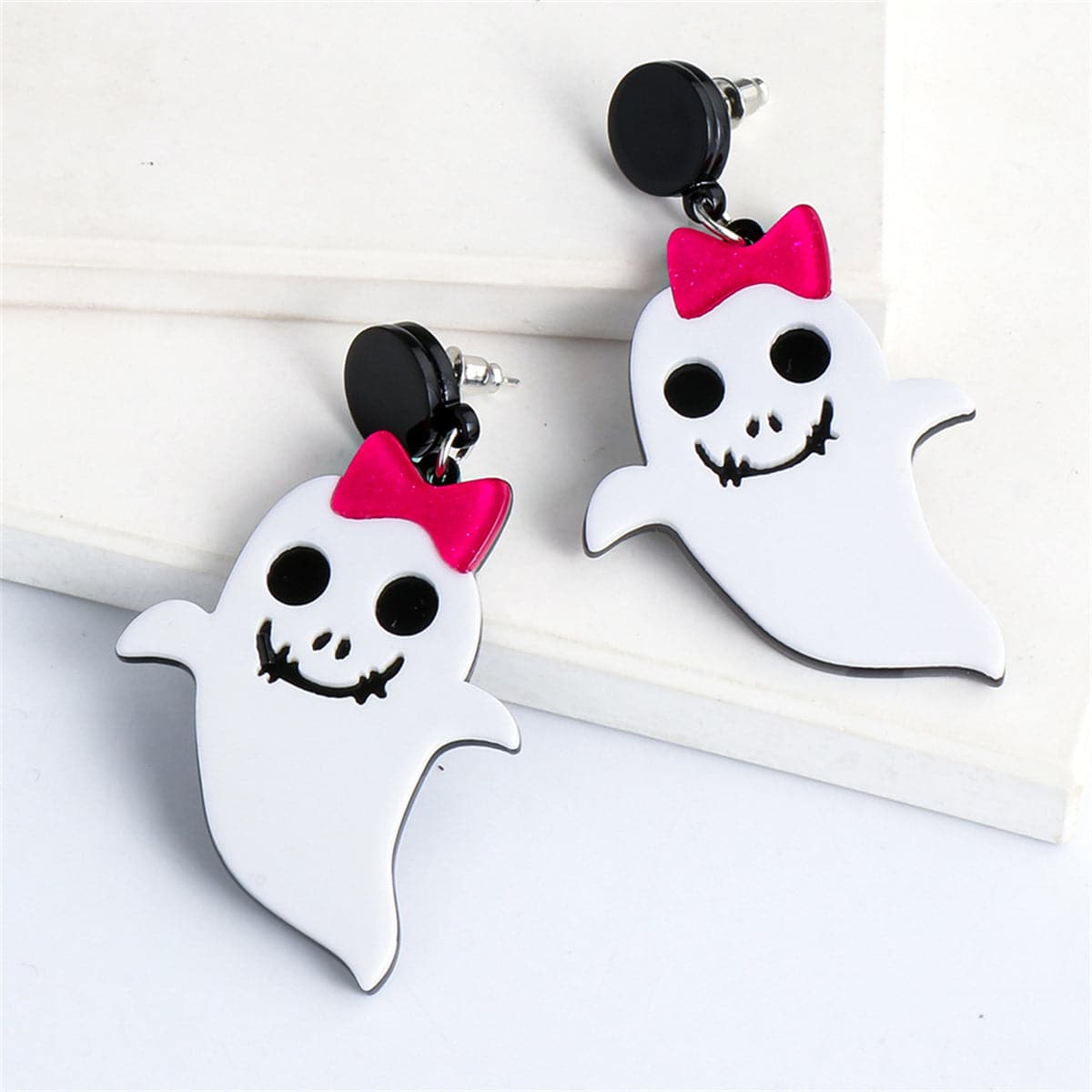 White Acrylic & Silver-Plated Bow Ghost Drop Earrings