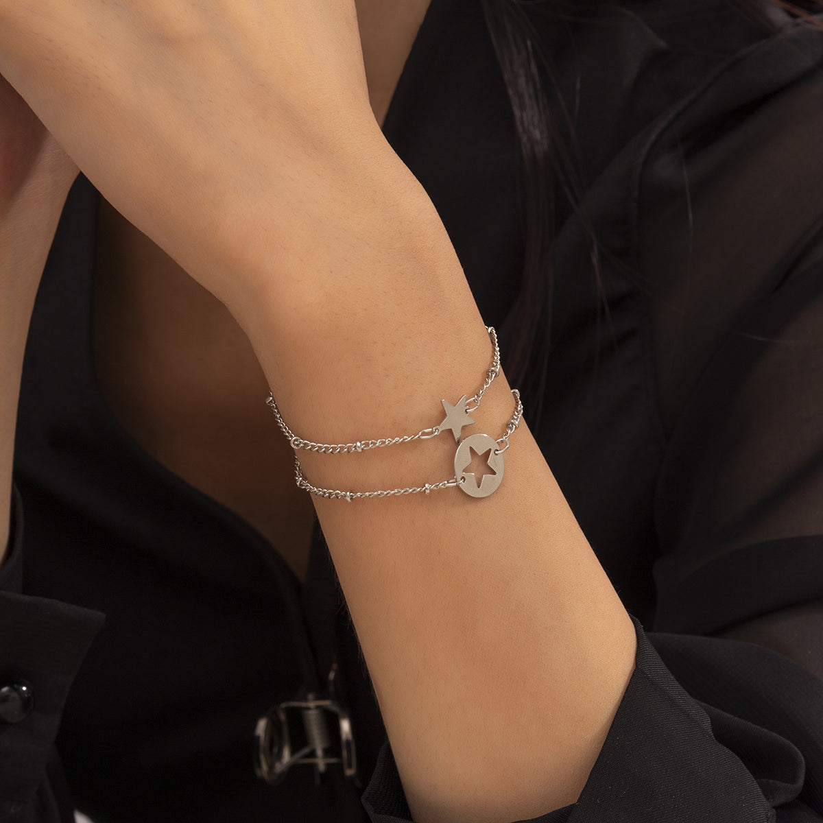 Silver-Plated Open Star Two-Piece Charm Bracelet Set