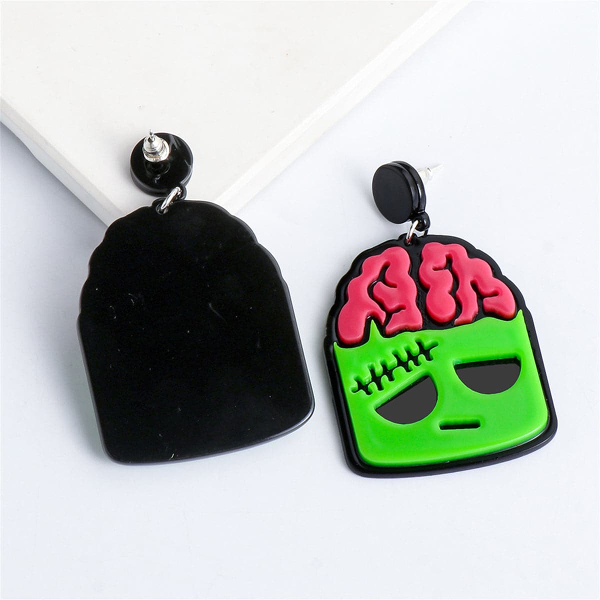 Green Acrylic and Silver-Plated Zombie Drop Earrings, silver drop earrings for women, everyday style, side view