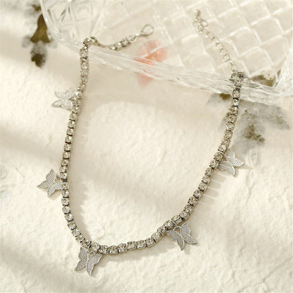 Cubic Zirconia and Silver-Plated Butterfly Station Choker Necklace, chunky silver choker necklace, side view