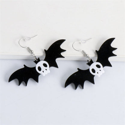 Black Acrylic and Silver-Plated Bat Drop Earrings, silver drop earrings for women, vintage-inspired design, lifestyle look