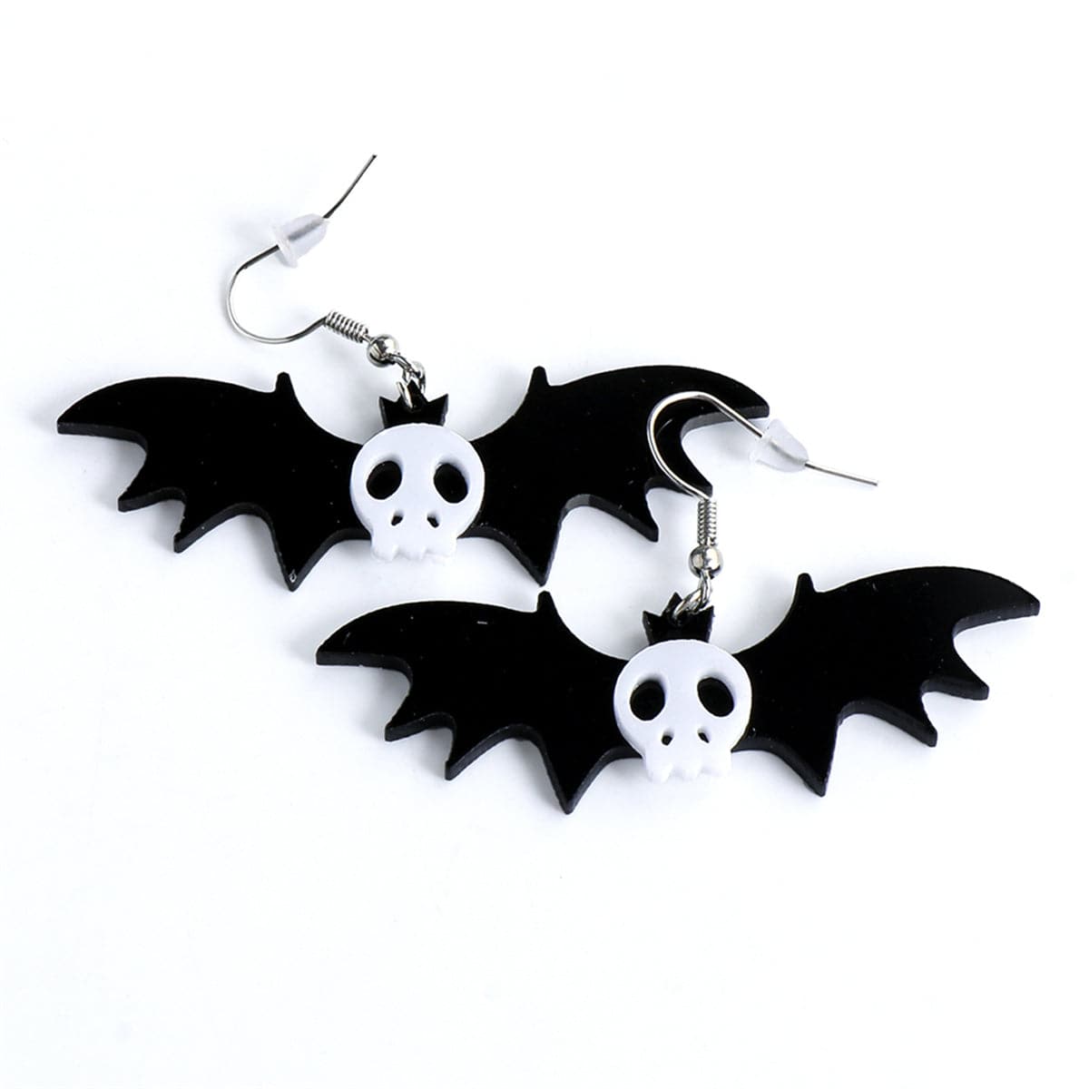 Black Acrylic and Silver-Plated Bat Drop Earrings, silver drop earrings for women, vintage-inspired design, styled look
