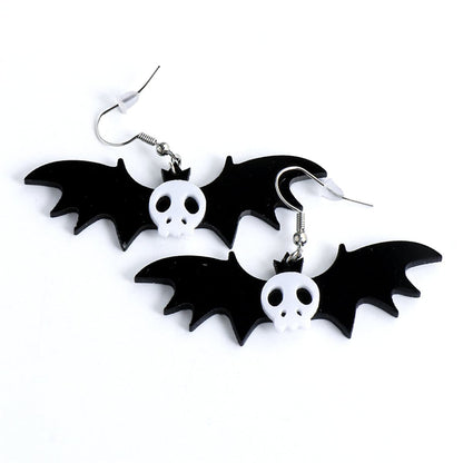 Black Acrylic and Silver-Plated Bat Drop Earrings, silver drop earrings for women, vintage-inspired design, styled look