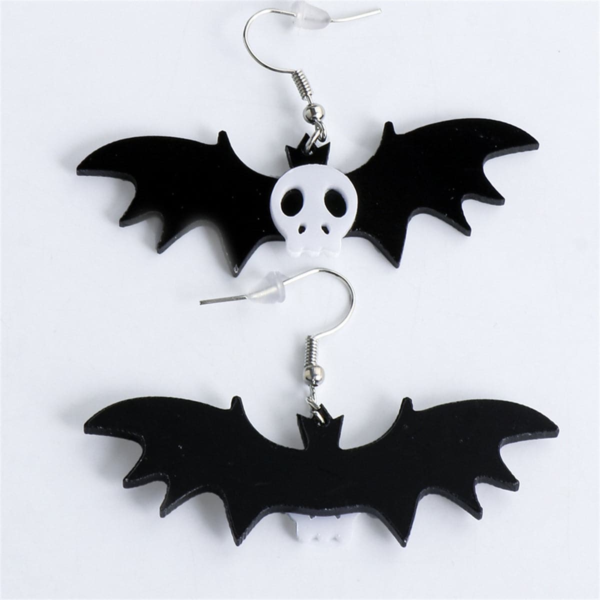 Black Acrylic and Silver-Plated Bat Drop Earrings, silver drop earrings for women, vintage-inspired design, side view
