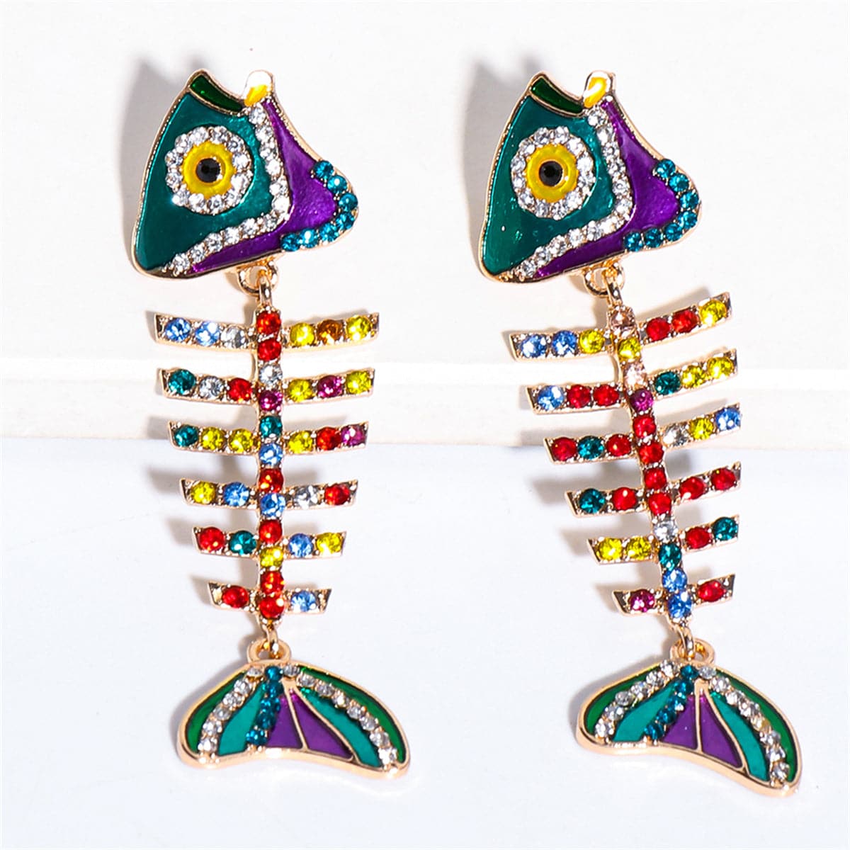 Blue & Red Cubic Zirconia Fishbone Drop Earrings