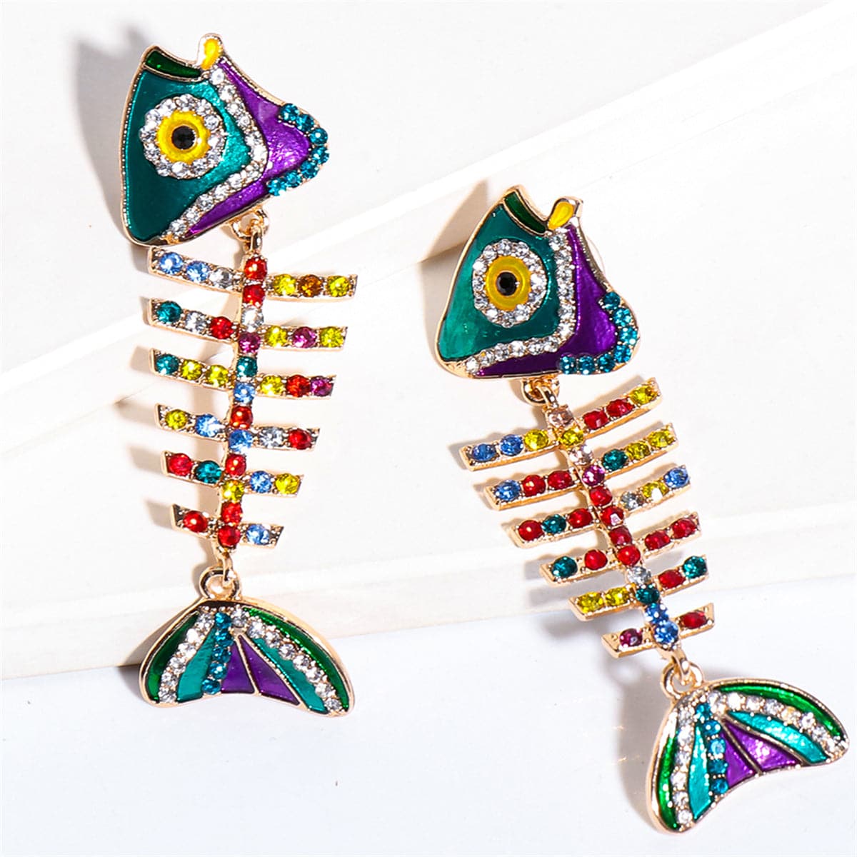 Blue & Red Cubic Zirconia Fishbone Drop Earrings