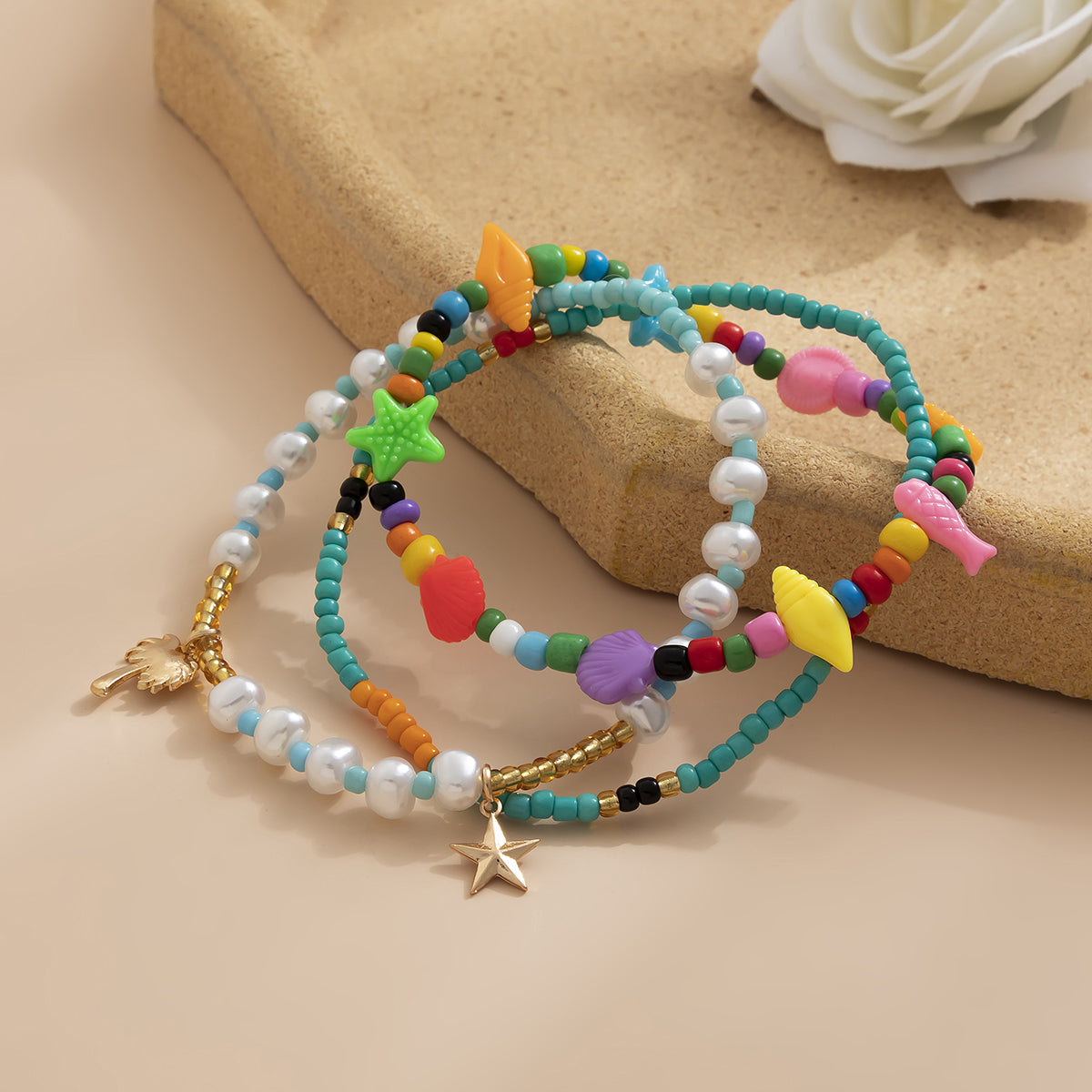Pearl & Howlite 18K Gold-Plated Palm Tree Beaded Stretch Anklet Set
