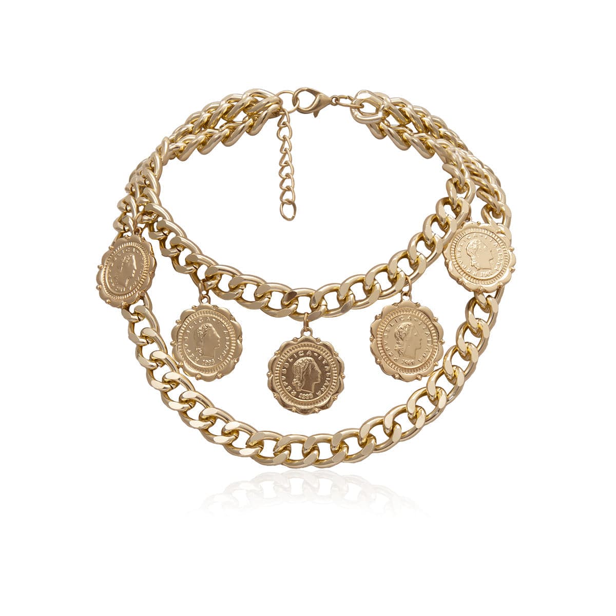 18K Gold-Plated Coin Station Layered Statement Necklace, chunky gold choker necklace, detail close-up