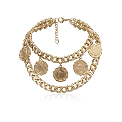 18K Gold-Plated Coin Station Layered Statement Necklace, chunky gold choker necklace, detail close-up