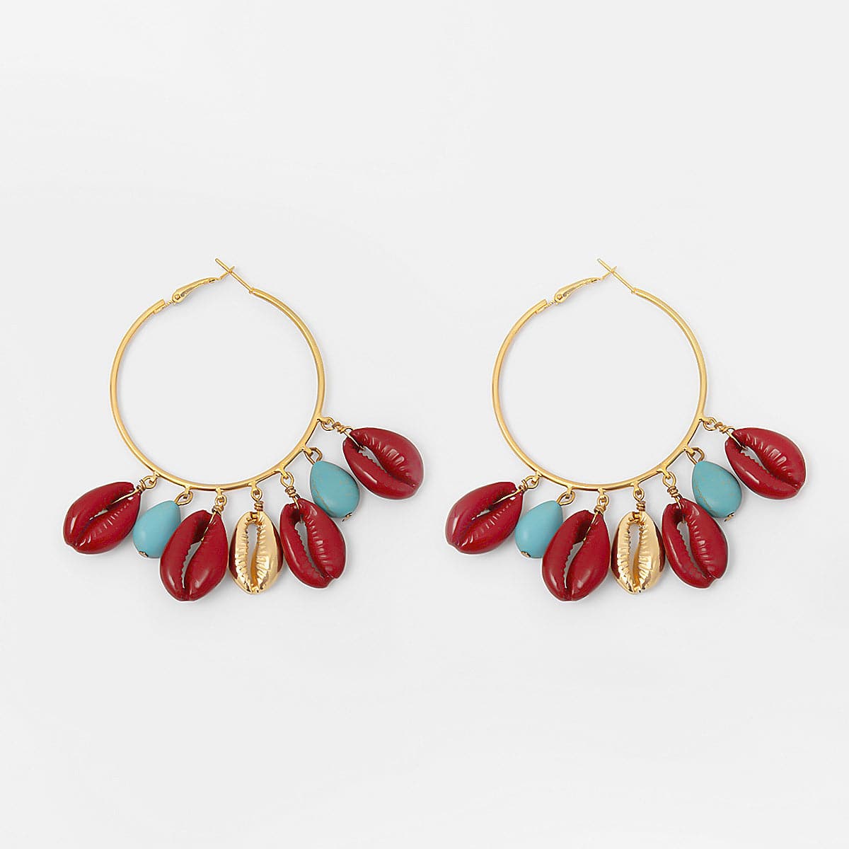 Turquoise and Red Shell Charm Hoop Earrings, drop earrings for women, vintage-inspired design, styled look