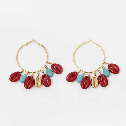 Turquoise and Red Shell Charm Hoop Earrings, drop earrings for women, vintage-inspired design, styled look