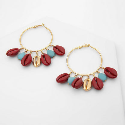 Turquoise & Red Shell Charm Hoop Earrings