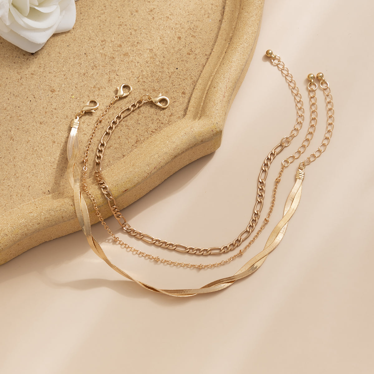 18K Gold-Plated Snake Chain Twist Anklet Set