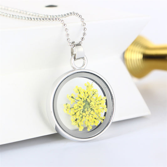 Yellow Gypsophila and Silver-Plated Resin Round Pendant Necklace, silver pendant necklace for women, front view