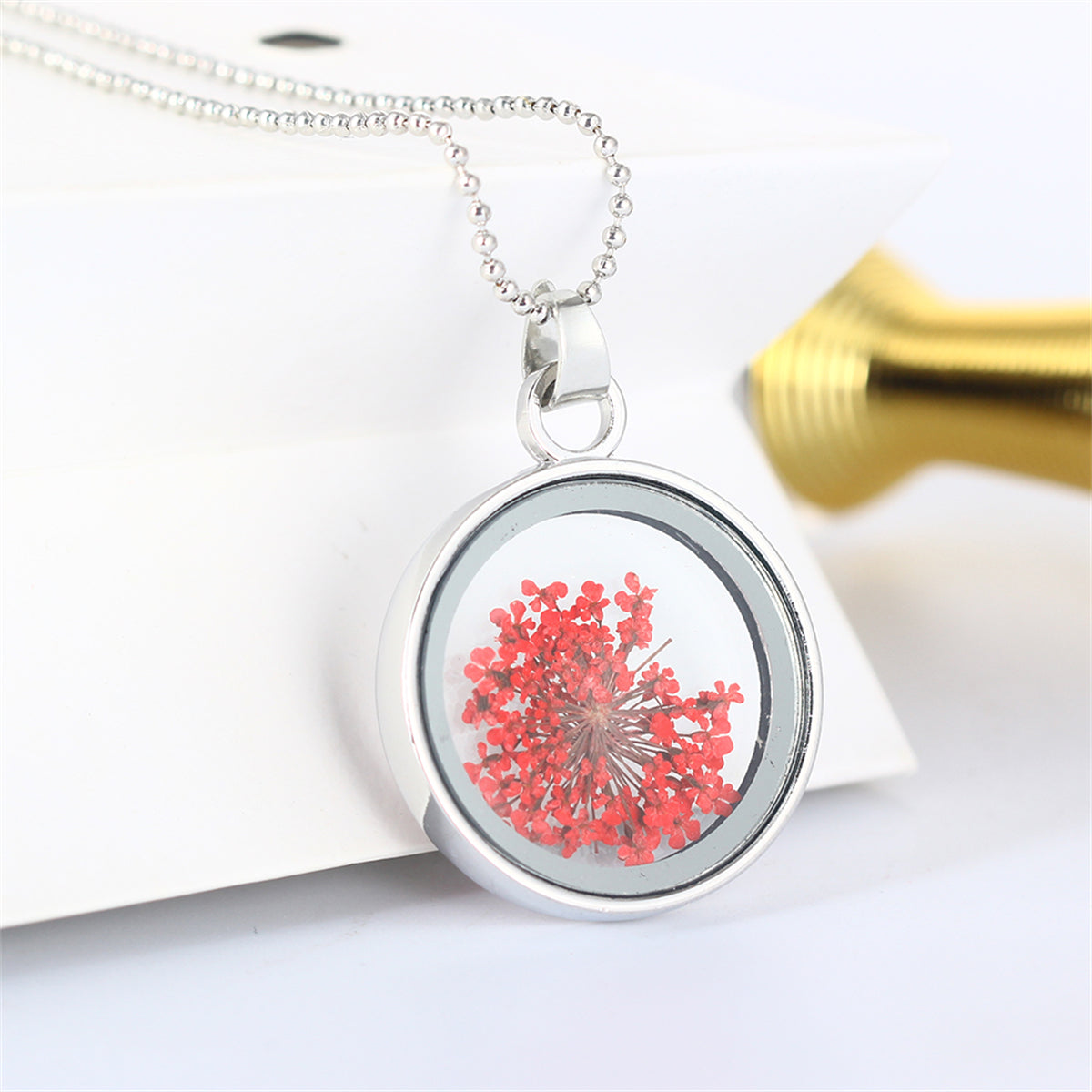 Red Gypsophila and Silver-Plated Round Pendant Necklace, silver pendant necklace for women, elegant gift for her, front view