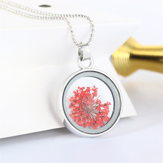Red Gypsophila and Silver-Plated Round Pendant Necklace, silver pendant necklace for women, elegant gift for her, front view