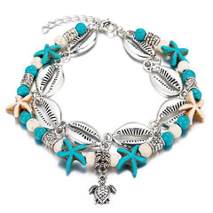 Turquoise & Silver-Plated Sea Lives Charm Anklet
