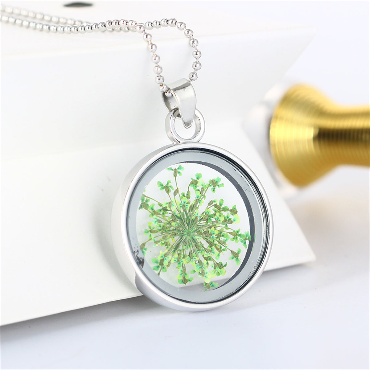 Green Gypsophila and Silver-Plated Round Pendant Necklace, silver pendant necklace for women, detail close-up