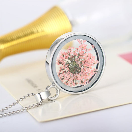 Silver-Plated and Pink Baby'S-Breath Necklace, silver pendant necklace for women, elegant gift for her, front view