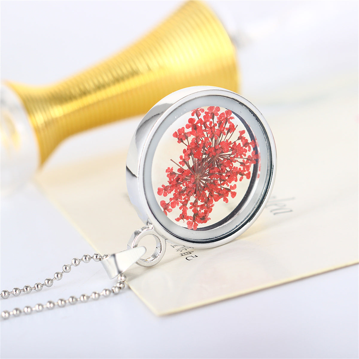 Red Gypsophila and Silver-Plated Round Pendant Necklace, silver pendant necklace for women, detail close-up