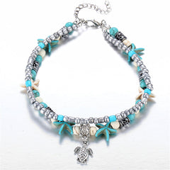 Turquoise & Silver-Plated Sea Turtle Layered Anklet