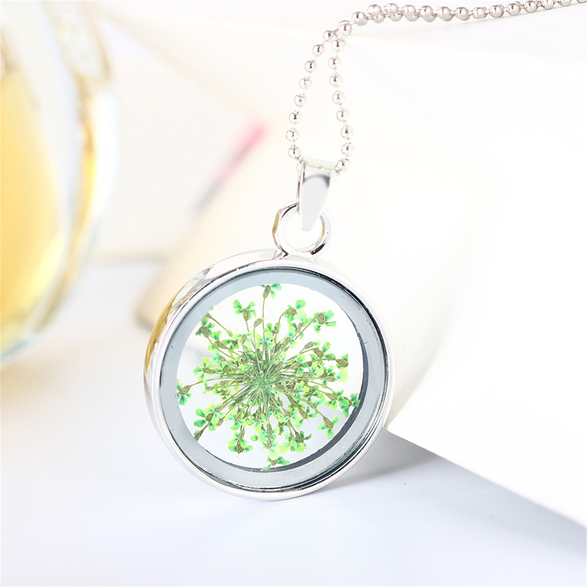 Green Gypsophila and Silver-Plated Round Pendant Necklace, silver pendant necklace for women, side view