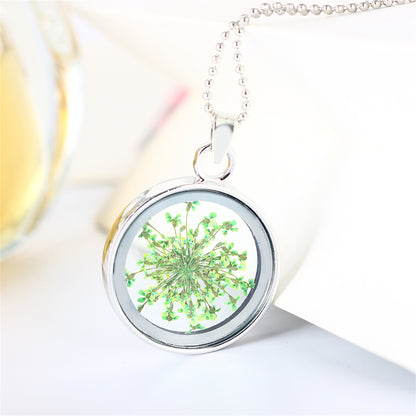 Green Gypsophila and Silver-Plated Round Pendant Necklace, silver pendant necklace for women, side view