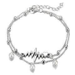Pearl & Silver-Plated Heartbeat Layered Anklet