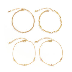Pink Cubic Zirconia & 18K Gold-Plated Station Anklet Set