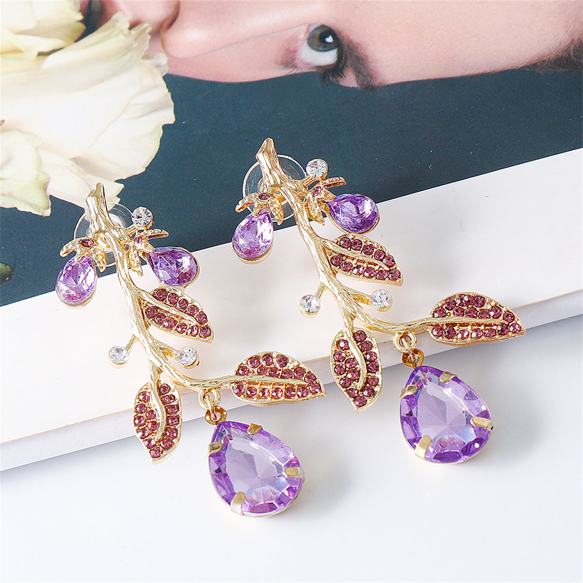 Cubic Zirconia and Purple Crystal 18K Gold-Plated Eggplant Drop Earrings, gold drop earrings for women, side view