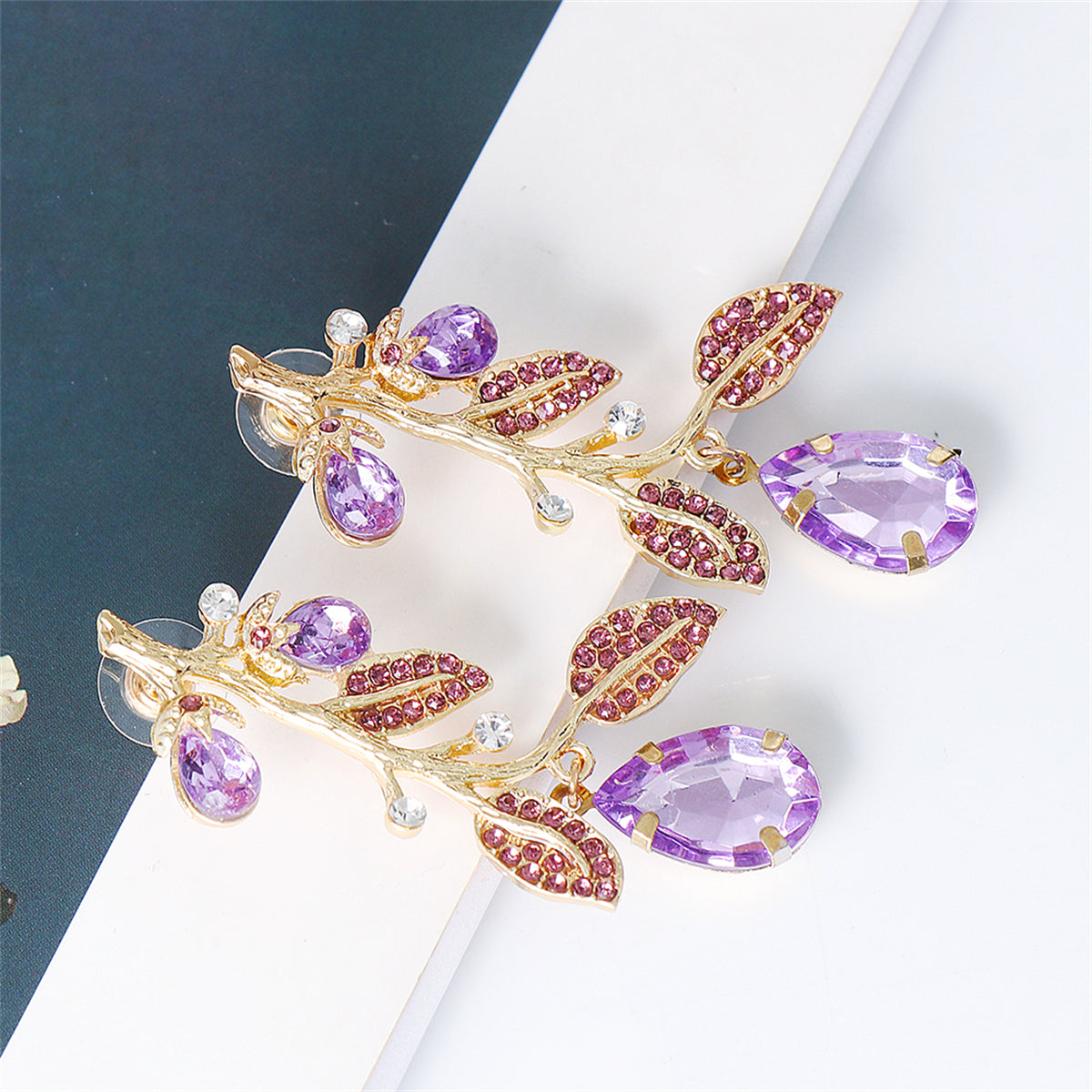 Cubic Zirconia and Purple Crystal 18K Gold-Plated Eggplant Drop Earrings, gold drop earrings for women, detail close-up