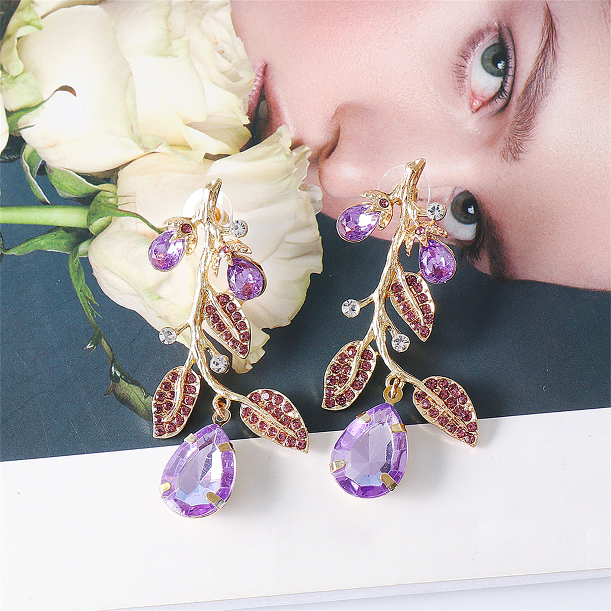 Cubic Zirconia and Purple Crystal 18K Gold-Plated Eggplant Drop Earrings, gold drop earrings for women, lifestyle look