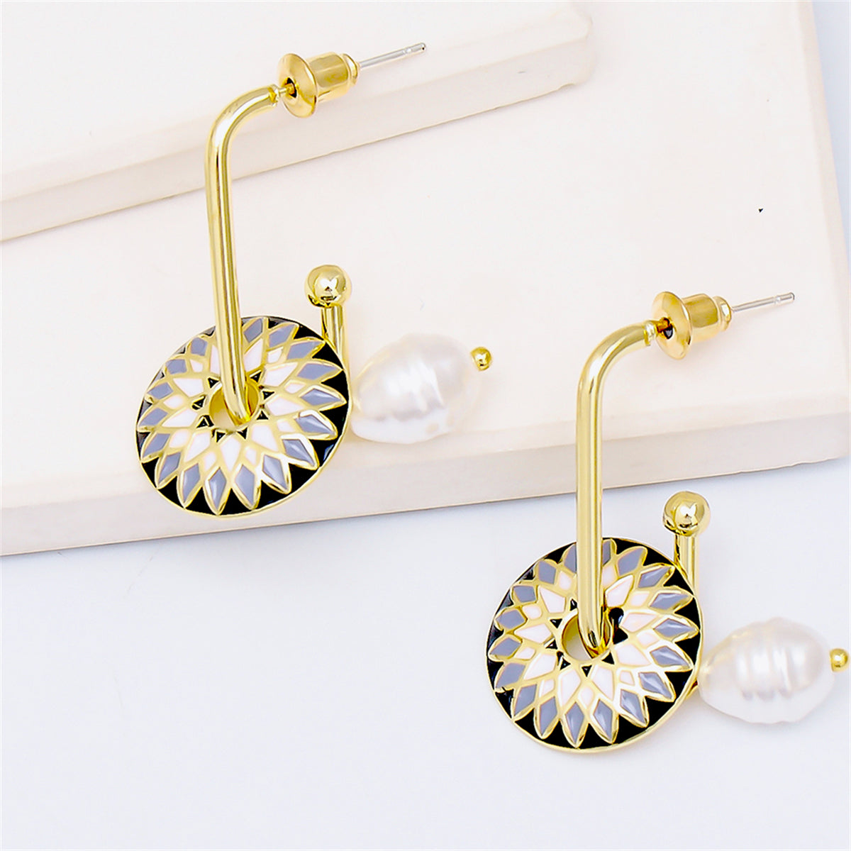 Black Enamel & Pearl 18K Gold-Plated Lotus Drop Earrings