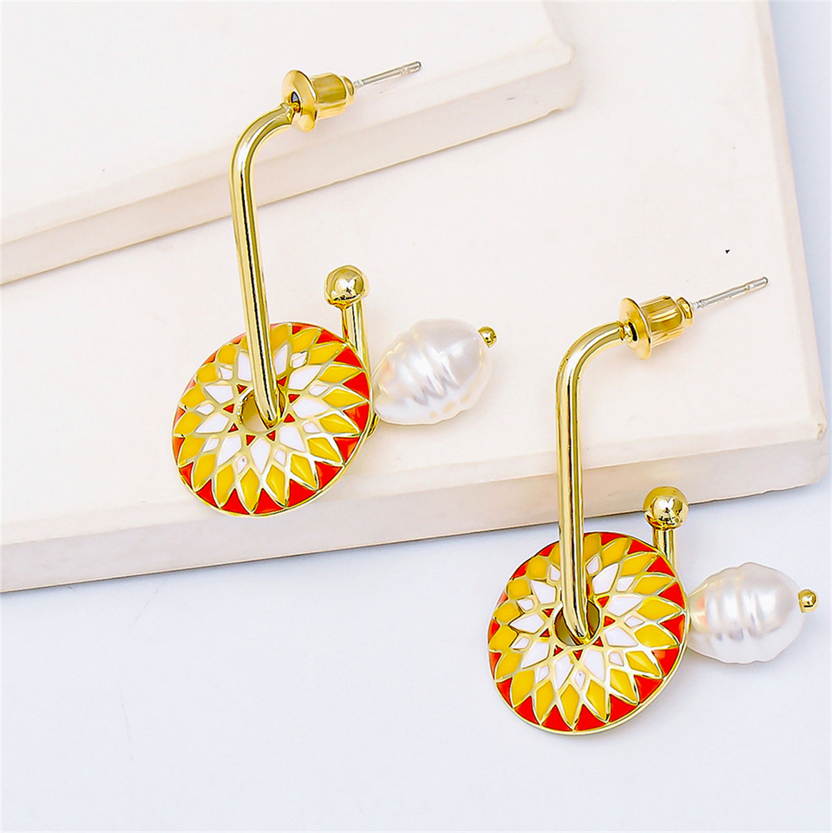 Yellow Enamel & Pearl 18K Gold-Plated Lotus Drop Earrings