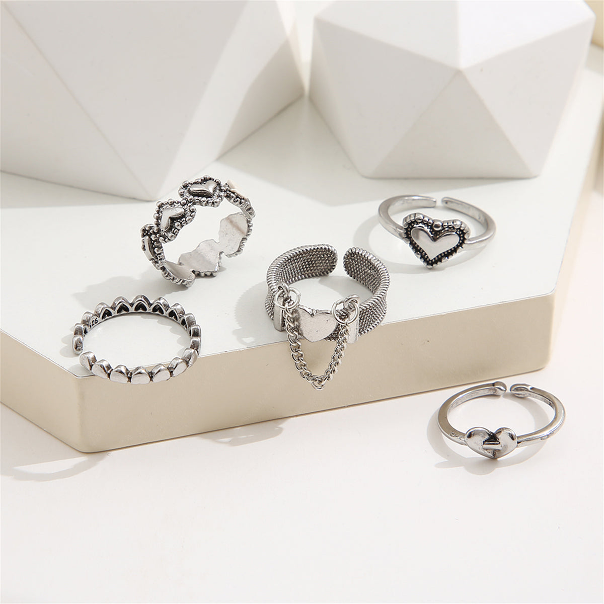 Silver-Plated Heart Ring Set, jewelry gift sets for women, botanical inspired, detail close-up
