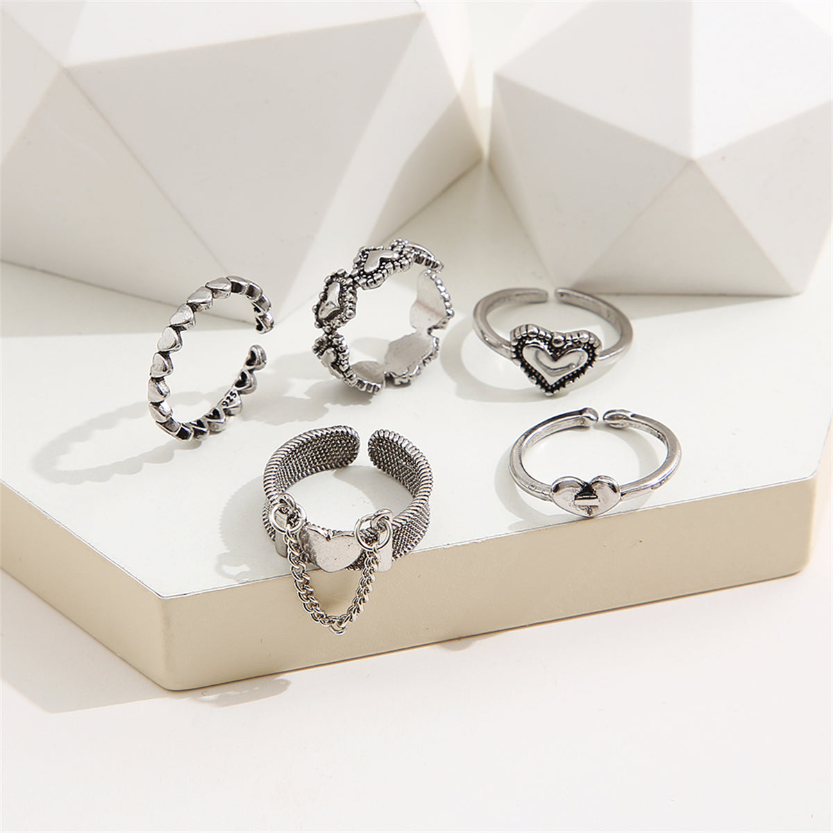 Silver-Plated Heart Ring Set, jewelry gift sets for women, botanical inspired, front view